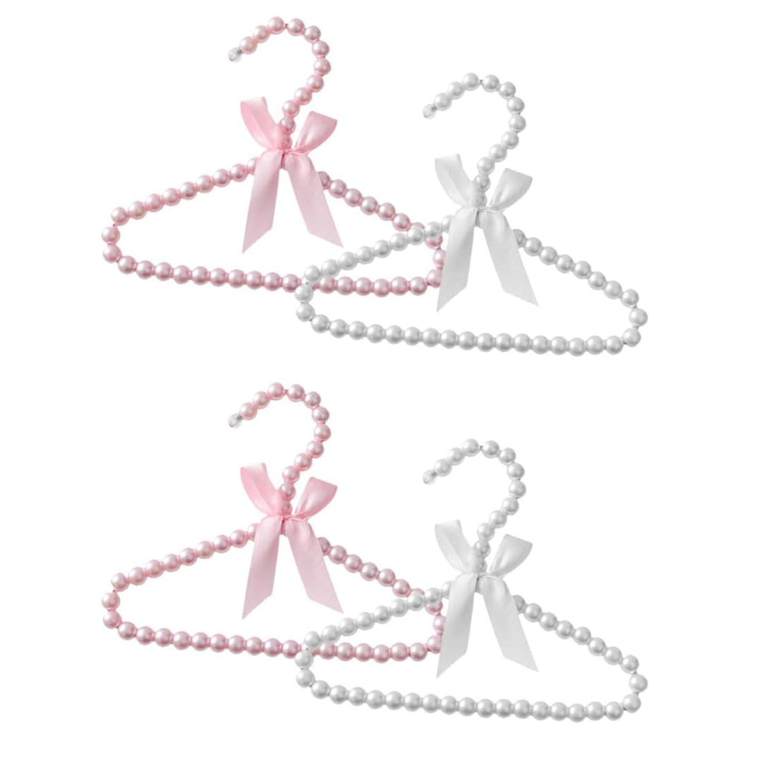 4 Stück Mini Kleiderbügel Perlen Kinderkleiderbügel mit Schleifeband Plastik Pearl Babykleiderbügel