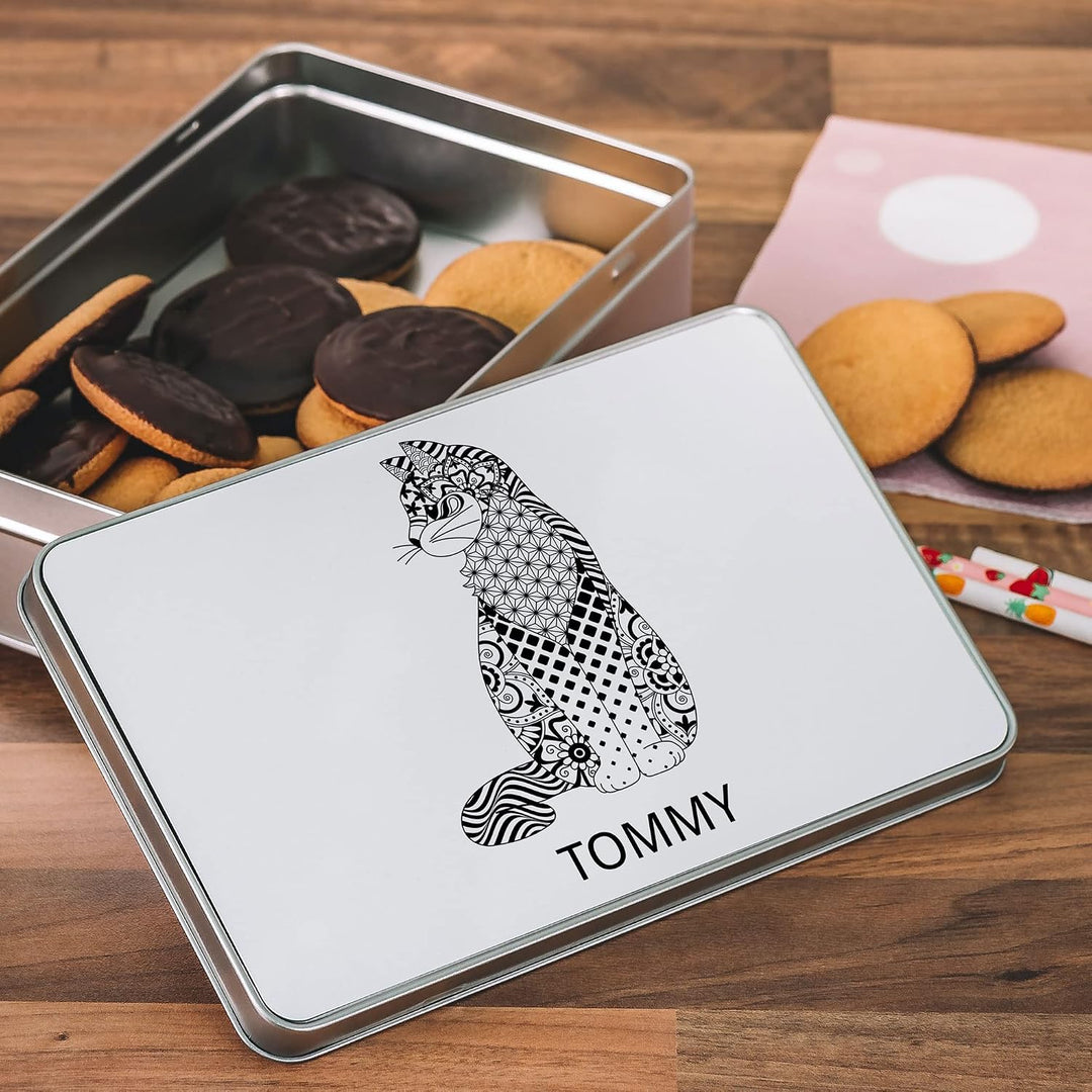 Metalldose Katze personalisiert, eckig mit Deckel, Zentangle Katze Eckig, Katze Eckig