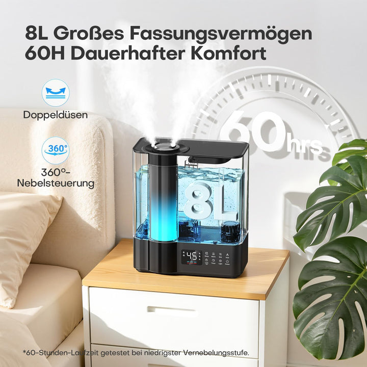 AROEVE 8L Luftbefeuchter Schlafzimmer, Warm- &amp; Kaltnebel Luftbefeuchter für grosse Räume, Befüllung
