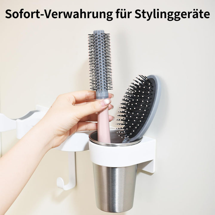 Föhn und Glätteisen Halterung, Fönhalterung ohne Bohren aus hochwertigem Aluminium in Weiss, hitzebe