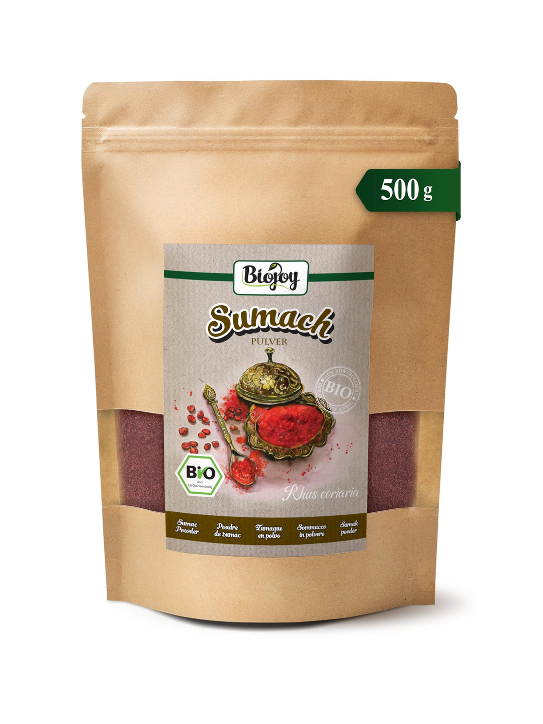 Biojoy BIO-Sumach Gewürz (500 g), türkisch, Sumach fein gemahlen, 5% Steinsalz, 500 g