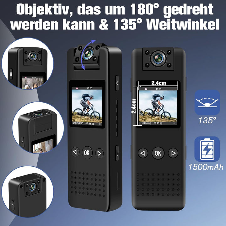 cyi Mini Action Kamera, Tragbare Body Camera mit 180° Drehbarem Objektiv, FHD Körperkamera Mini mit