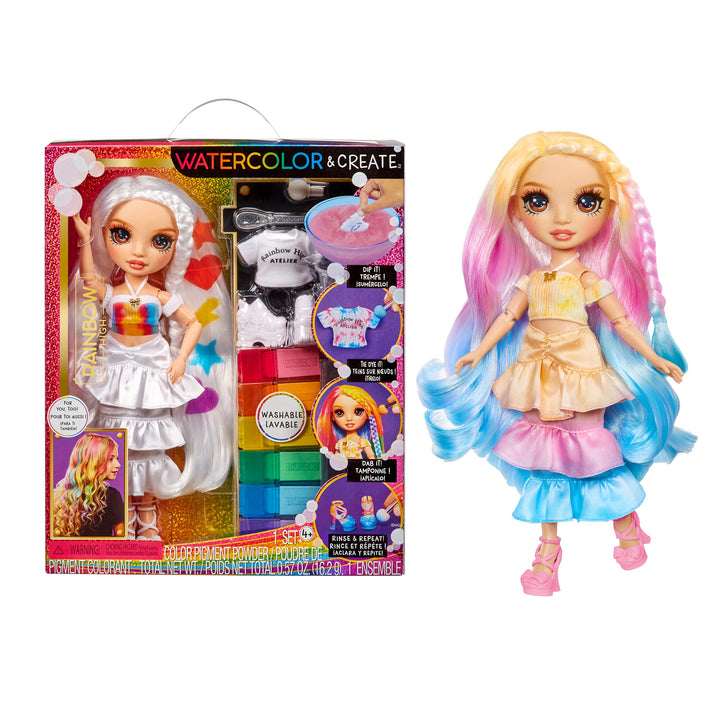 Rainbow High Watercolour &amp; Create DIY Modepuppe, Auswaschbare Wasserfarben &amp; Batikset - Braune Augen