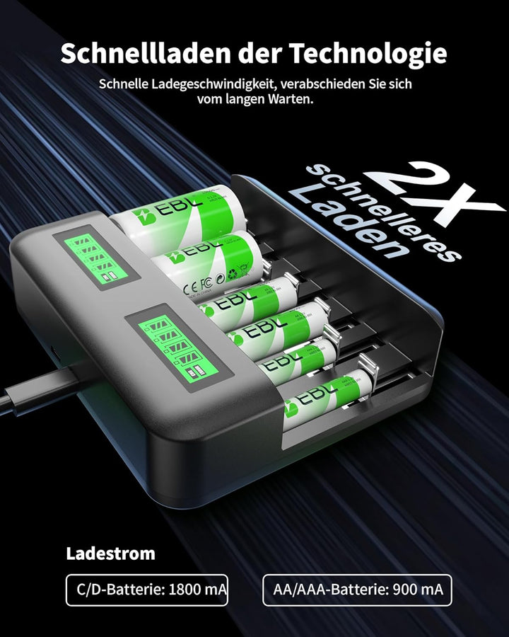 EBL Akku Ladegerät inkl. 4*AA 2800mAh und 4*AAA 1100mAh Schnell Batterie ladegerät-für AA AAA C D NI