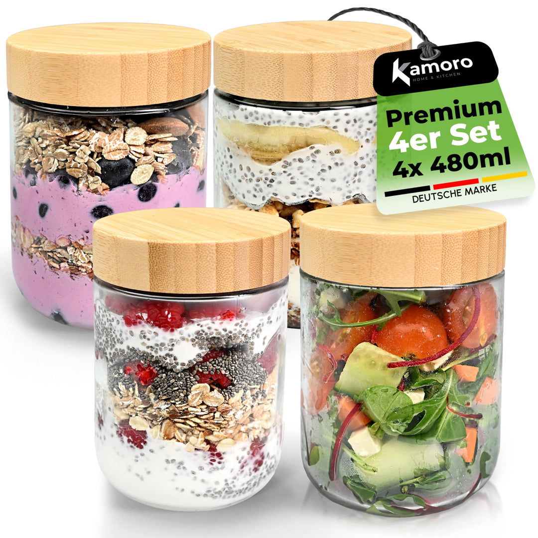 Overnight Oats Gläser 4er Set – Luftdichte Vorratsgläser mit Bambusdeckel 480 ml – Ideal für Overnig