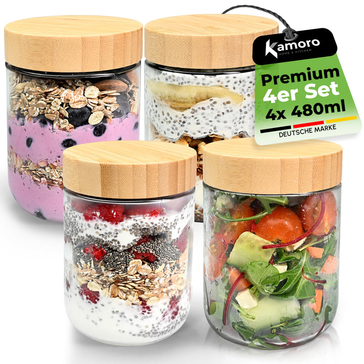 Overnight Oats Gläser 4er Set – Luftdichte Vorratsgläser mit Bambusdeckel 480 ml – Ideal für Overnig