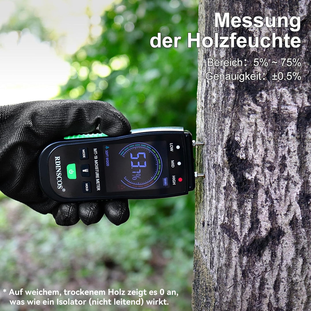 RDINSCOS Feuchtigkeitsmessgerät für Holz, Pin-Typ Holzfeuchtemessgerät mit 4 Messmodi &amp; Farbdisplay,