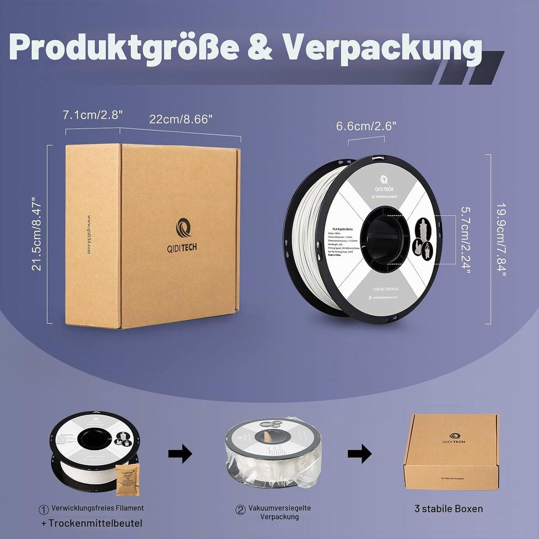 QIDI TECH Matte PLA Rapido Filament 1.75mm weiss, PLA Matte 3D Drucker Filament 1kg Spule (2.2lbs),
