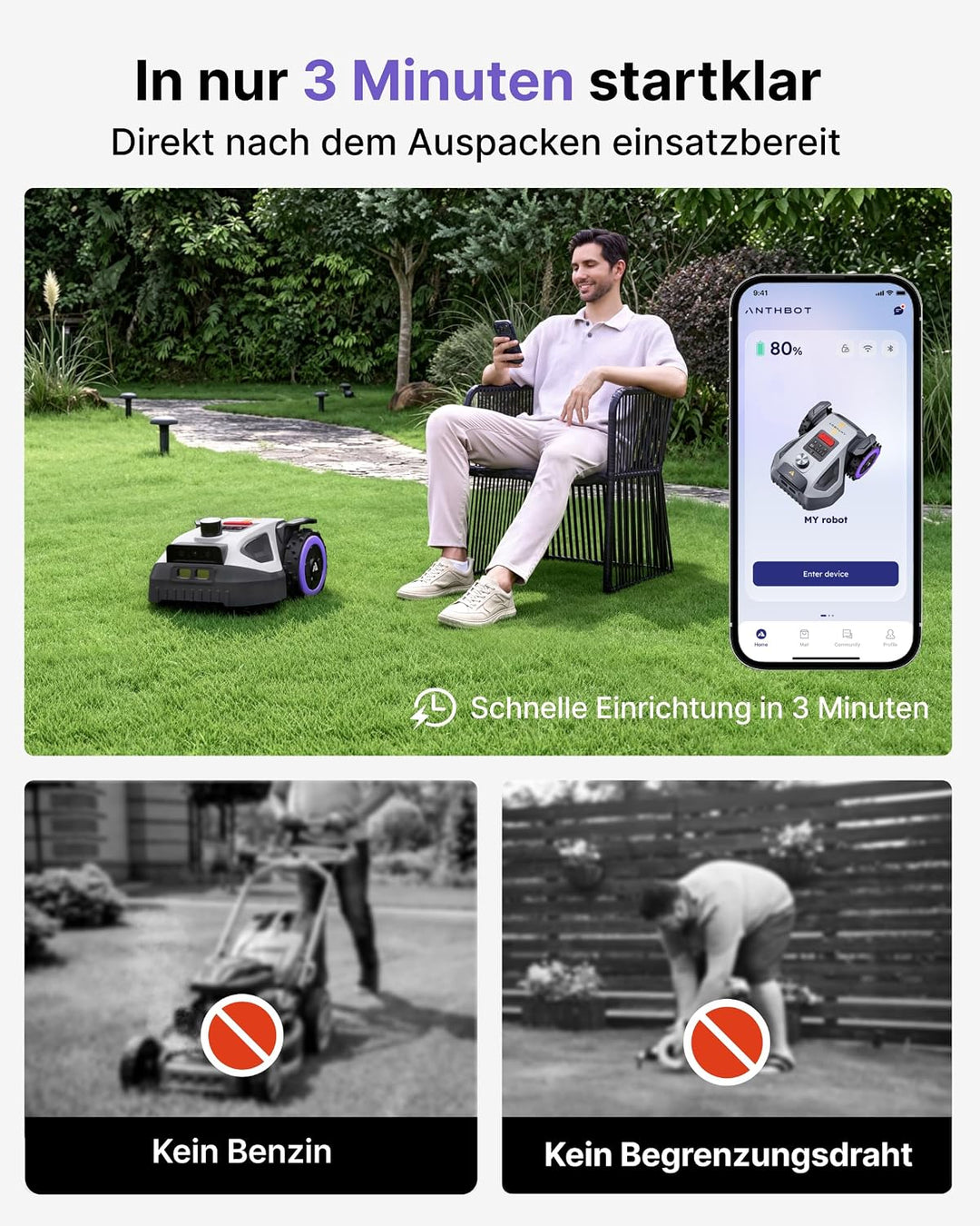 ANTHBOT M9 Pro Mähroboter ohne Begrenzungskabel – HoloSense 4-in-1 Navigation (360° LiDAR, RTK/NetRT