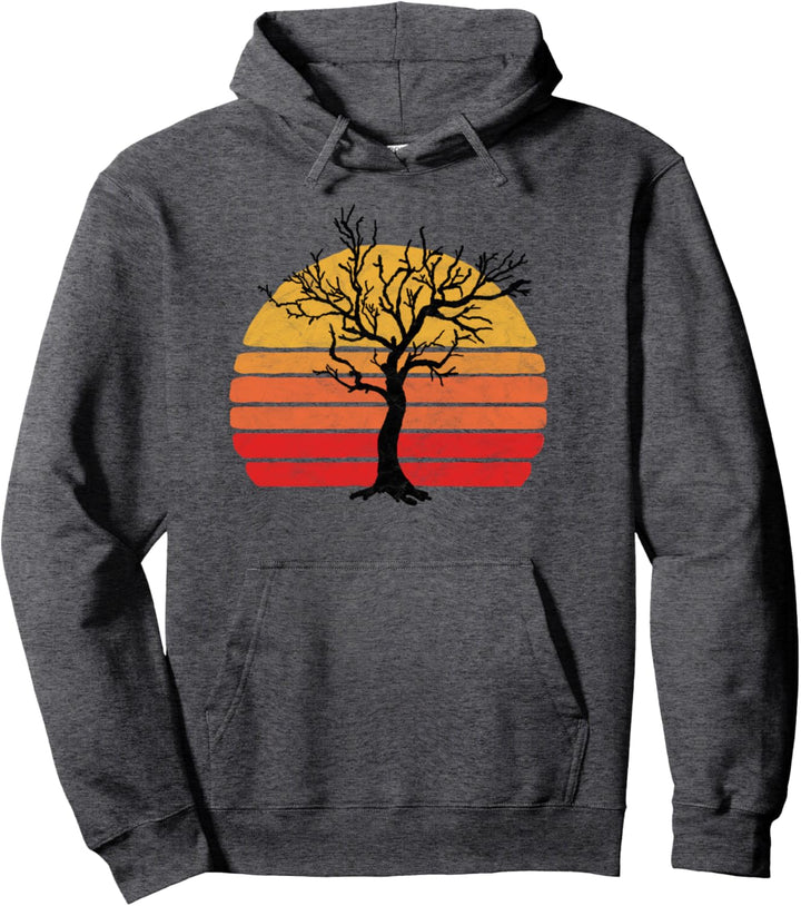 Retro Sun Minimalist Leafless Tree Design Graphic Pullover Hoodie
