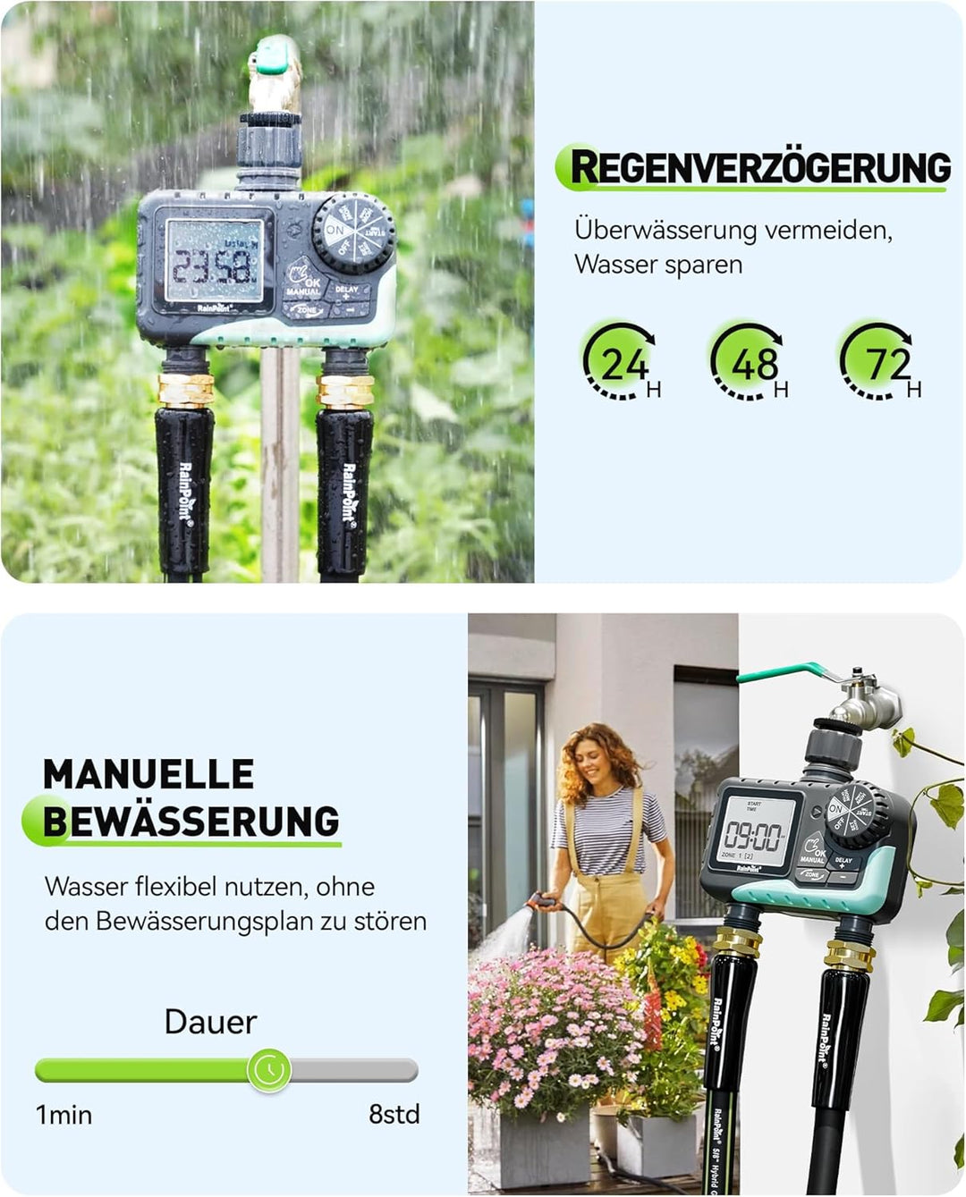 RAINPOINT Bewässerungscomputer 2 Ausgänge, IP65 Wasserdicht Wasser Zeitschaltuhr mit Regenverzögerun