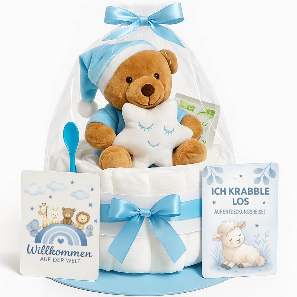Windeltorte Junge in Blau mit Kuscheltier, Baby Geschenk zur Geburt | handgefertigt, mit Windeln &amp; G