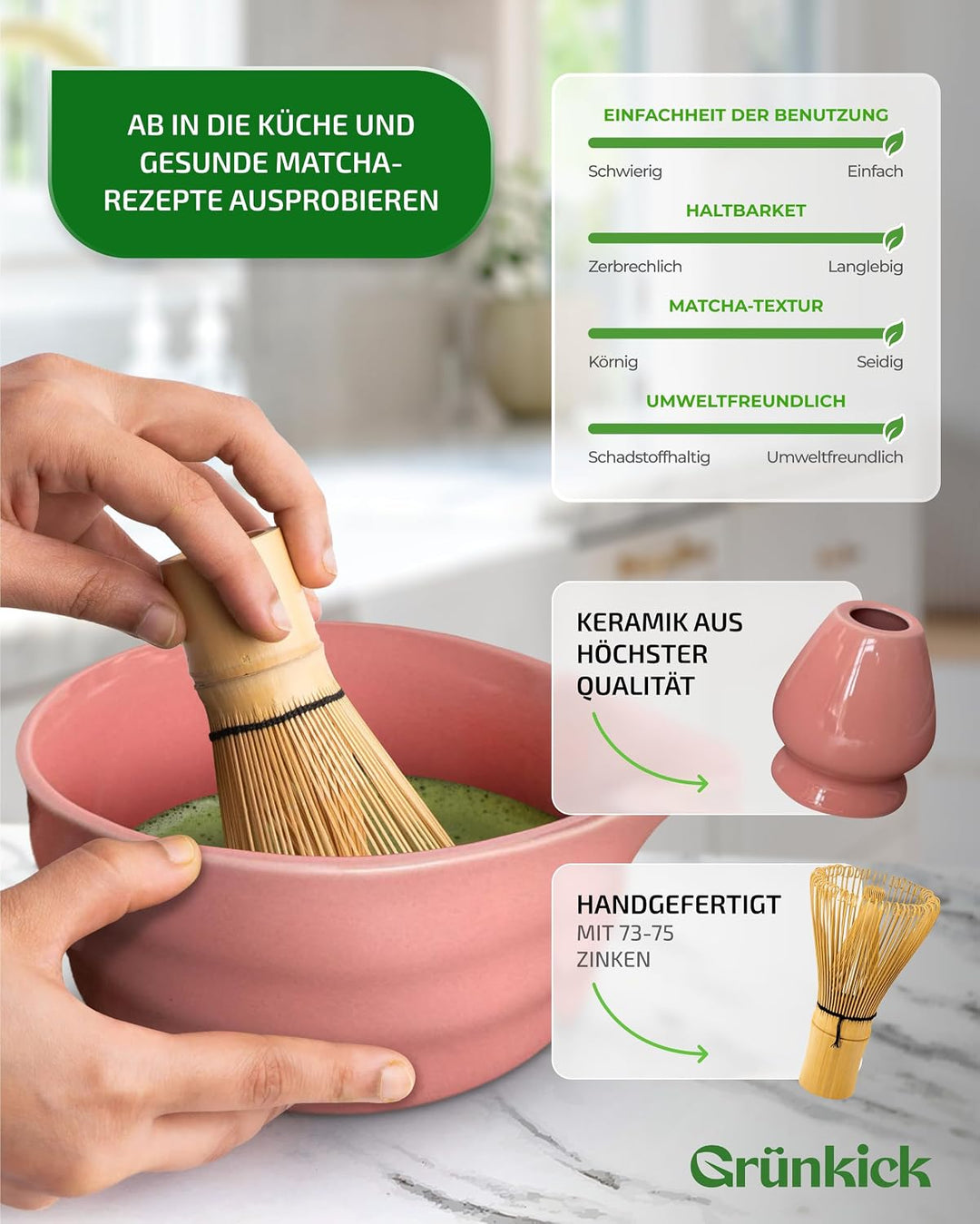 Matcha Set Rosa – Premium Matcha Tee Set mit Matcha Schale, Bambus Matcha Besen &amp; Matcha Zubehör - J