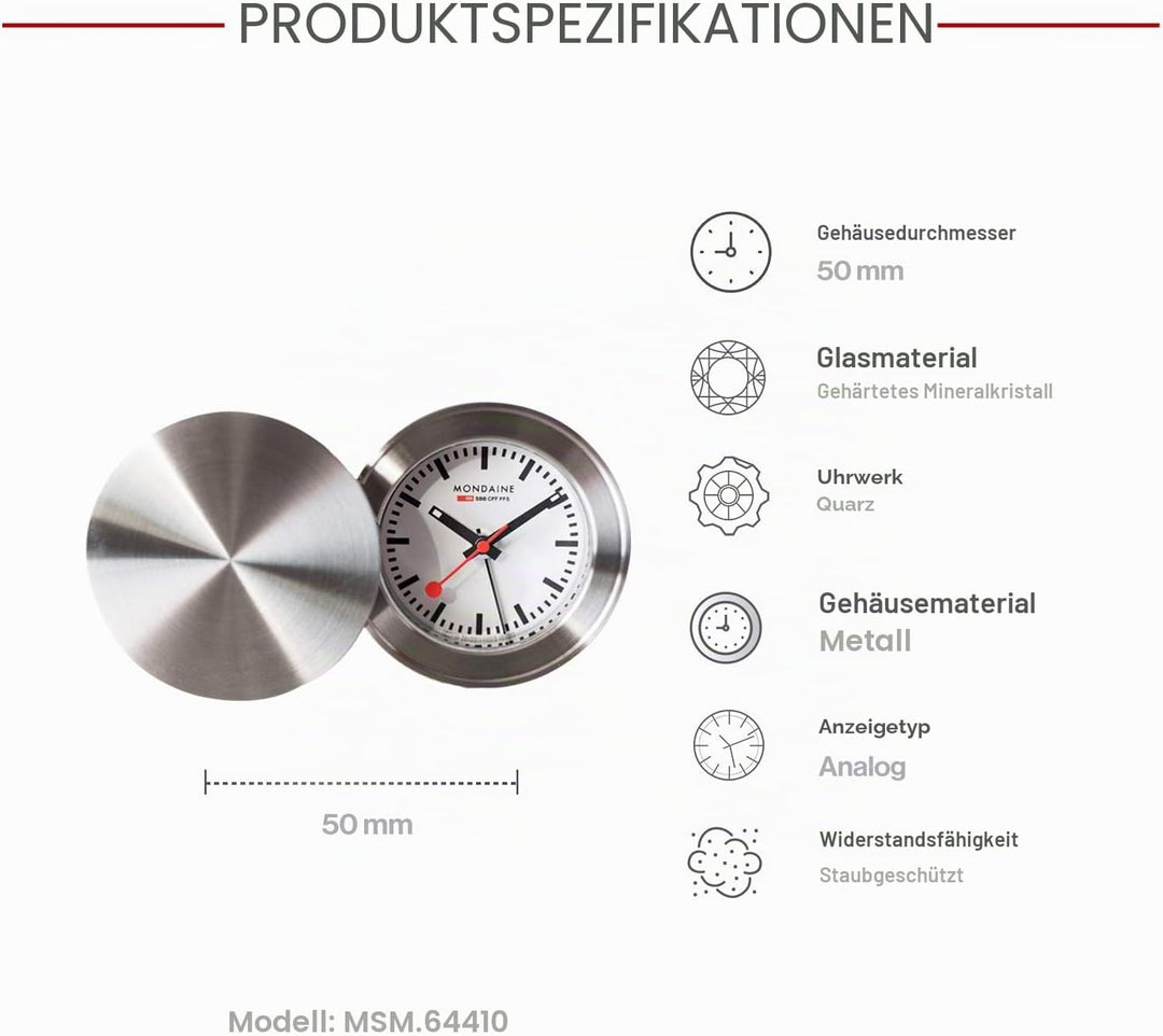 Mondaine - Wecker MSM.64410 Tischuhr 50mm - Bahnhofsuhr aus Messing gehärtetes Mineralglas staubbest