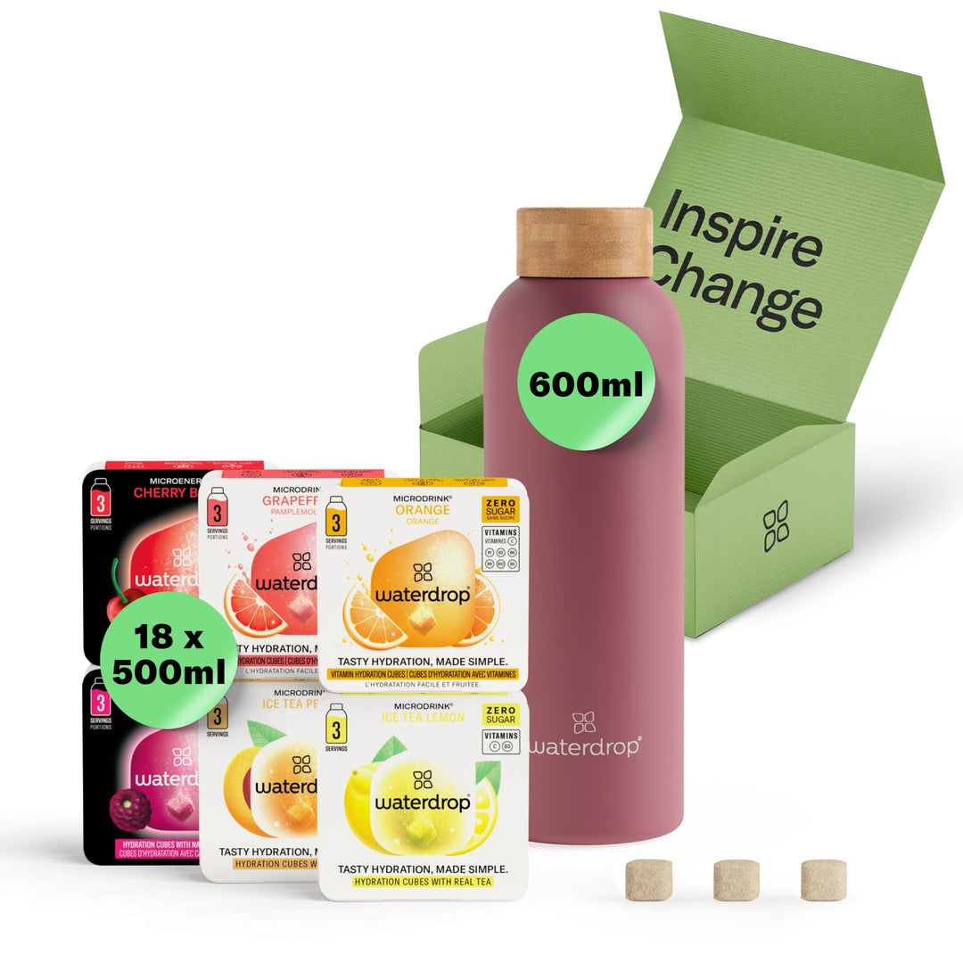 waterdrop® Starter Set - 600ml Trinkflasche mit Geschmack inkl. 18 zuckerfreie Drops - Geschenk für