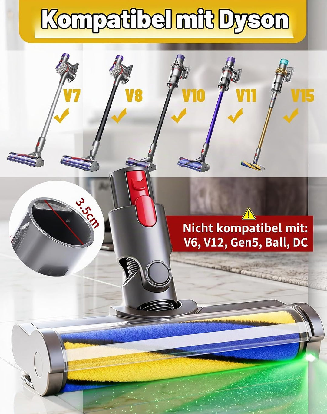 Bürste für Dyson V7 V8 V10 V11 V15 Bodendüse mit LED-Licht und Bürsten-Softwalze für Hartboden Ersat