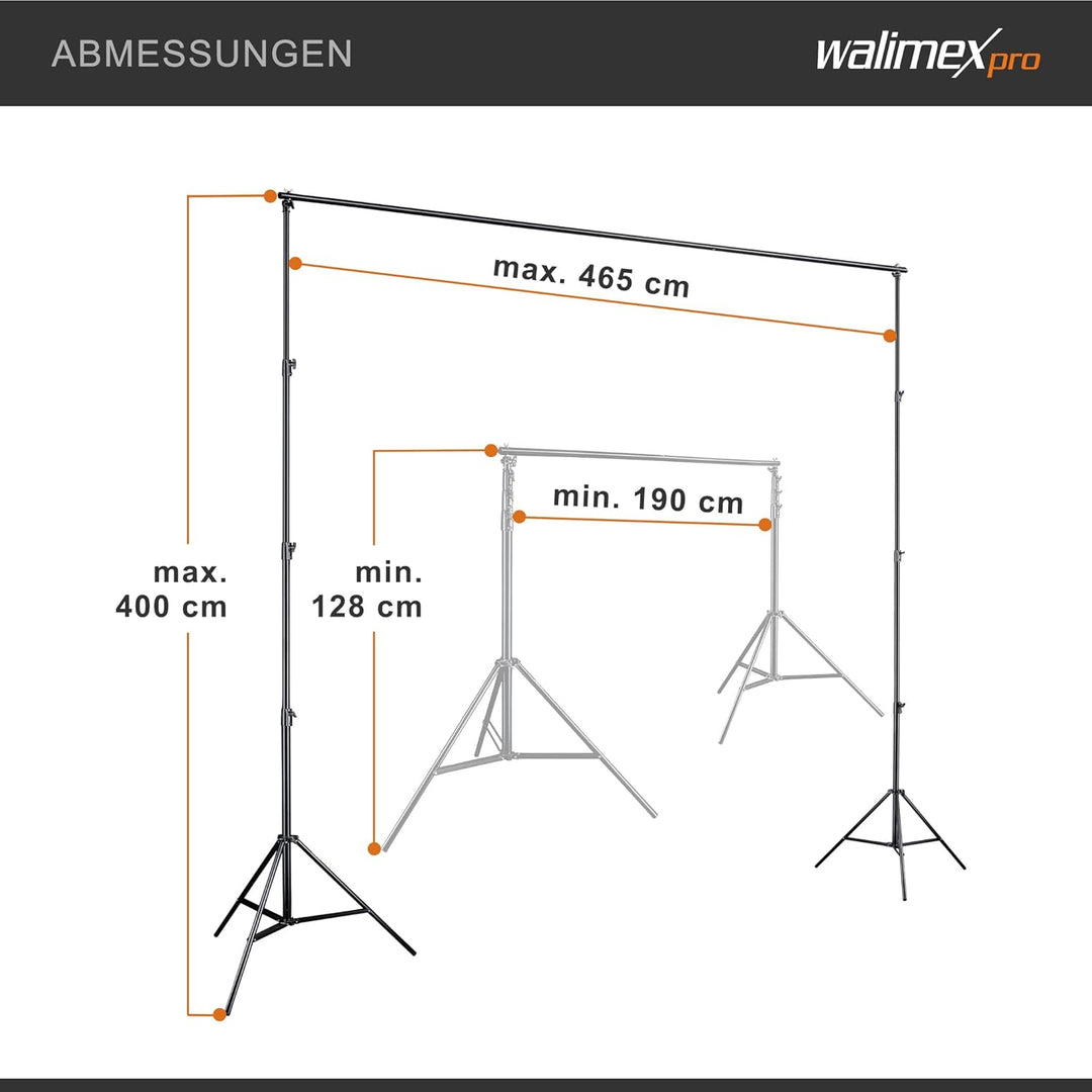 Walimex pro Hintergrundsystem XXL 190-465cm - extrem stabiles &amp; grosses Profi Hintergrund-Set für St