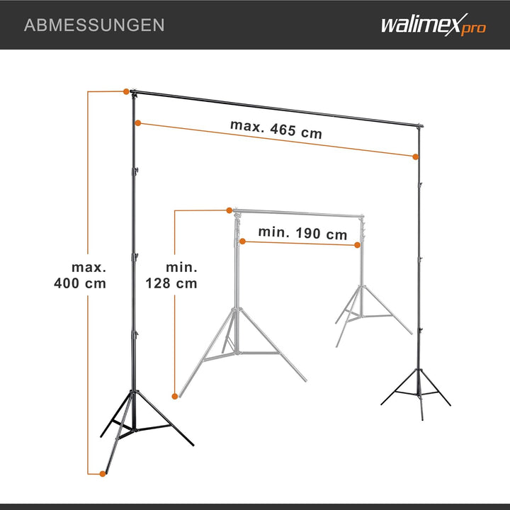 Walimex pro Hintergrundsystem XXL 190-465cm - extrem stabiles &amp; grosses Profi Hintergrund-Set für St