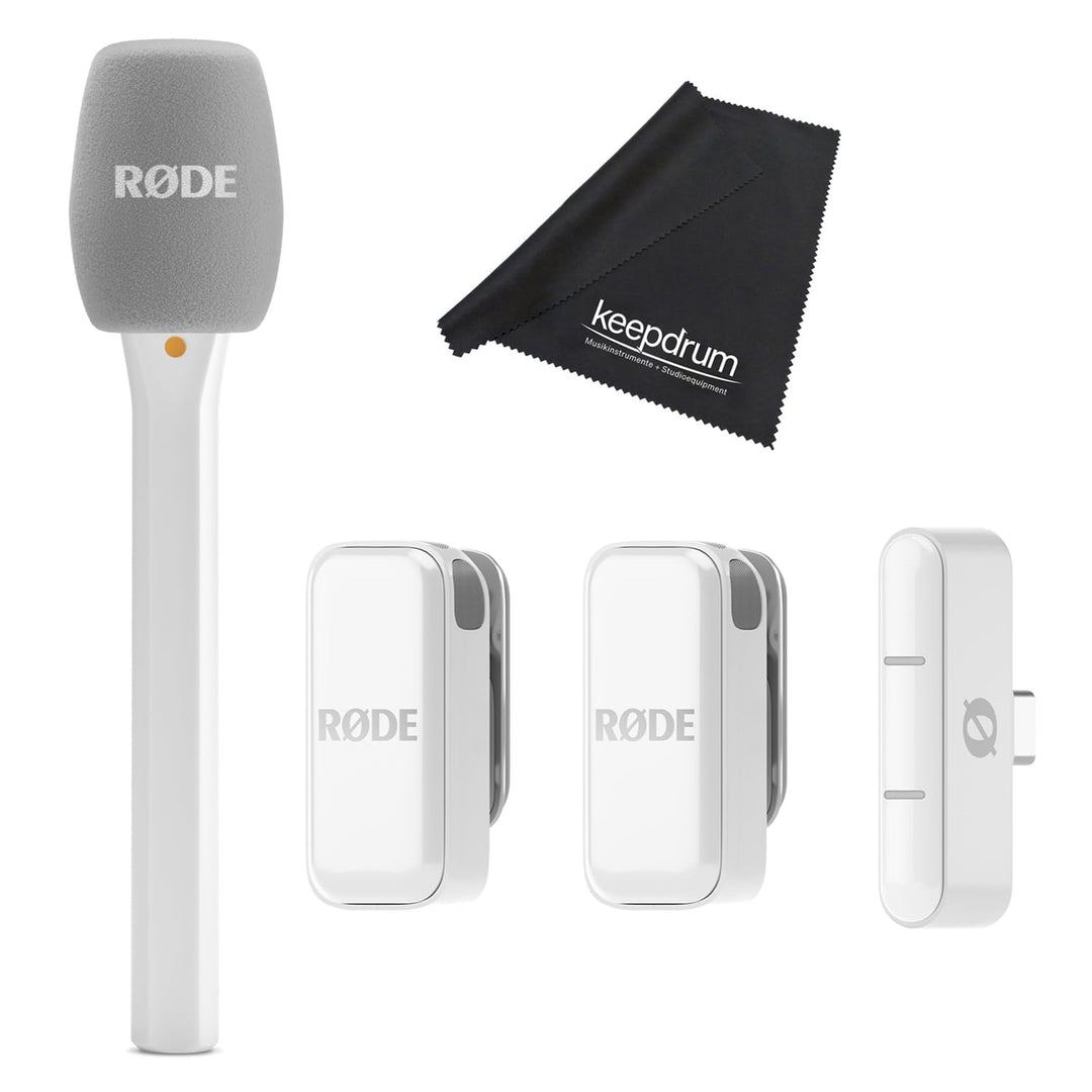 Rode Wireless Micro Drahtloses Mikrofon-System USB-C Weiss mit Interview Micro Handadapter Weiss und