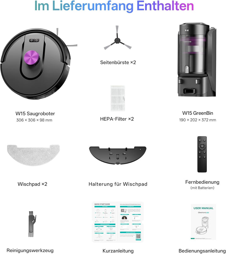Vexilar W15 Saugroboter mit Wischfunktion, Beutelloser Multi-Zyklon-Absaugstation Staubsauger Robote