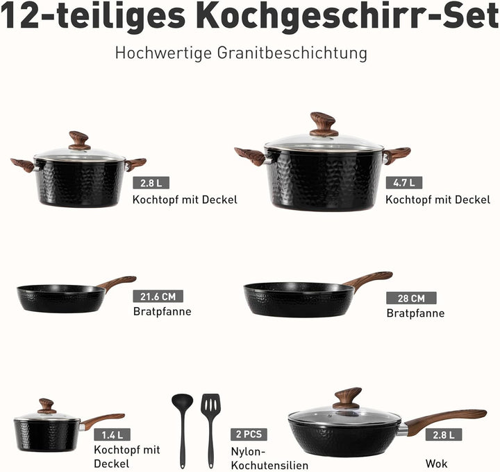 Kitchen Academy Topfset Antihaft mit Glasdeckeln Töpfe Set Pfannenset Granit Beschichteter Topf Indu
