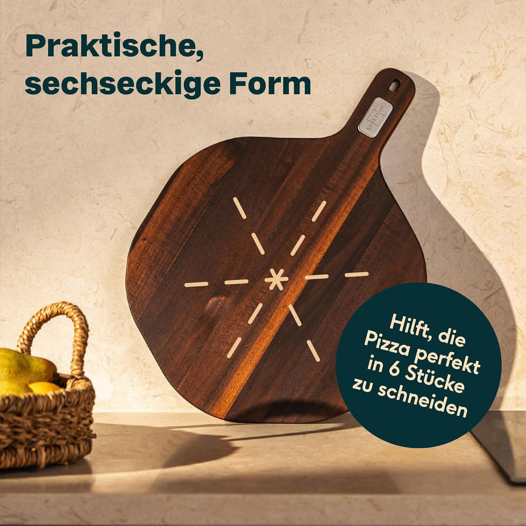 SILBERTHAL Pizzabrett 30 cm Akazienholz - 6-Eck-Design | Servierbrett mit ergonomischer Griff, geölt