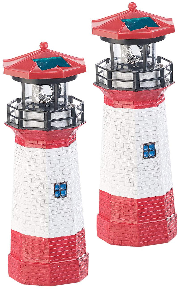 Lunartec Leuchtturm Deko Garten: 2er-Set Solar-Deko-Leuchttürme mit LED-Licht &amp; drehendem Reflektor