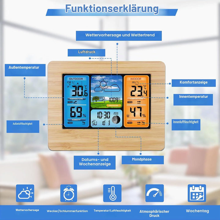 Viitech Wetterstation Funk mit Aussensensor, Grosses Farbdisplay Wireless Digital Wecker Barometer W