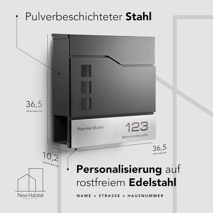 Moderner Briefkasten Personalisierbar Stockholm Anthrazit RAL7016 - mit Zeitungsfach - Wandbriefkast