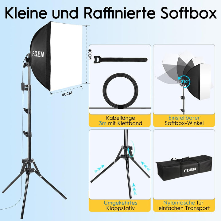 FGen Softbox Set,1x40x40cm Softbox Licht Kabellänge 300cm mit 85W 2700-6400K Einstellbarer LED Birne