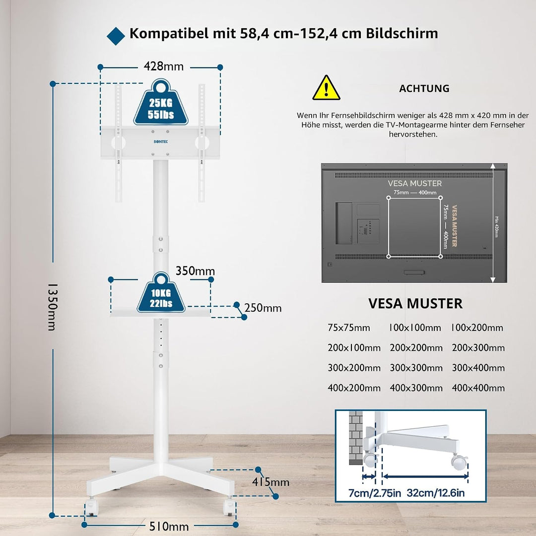 BONTEC Mobiler TV Ständer auf Rollen für 23-60 Zoll Plasma/LCD/LED Fernseher, Tragbarer TV Stand mit