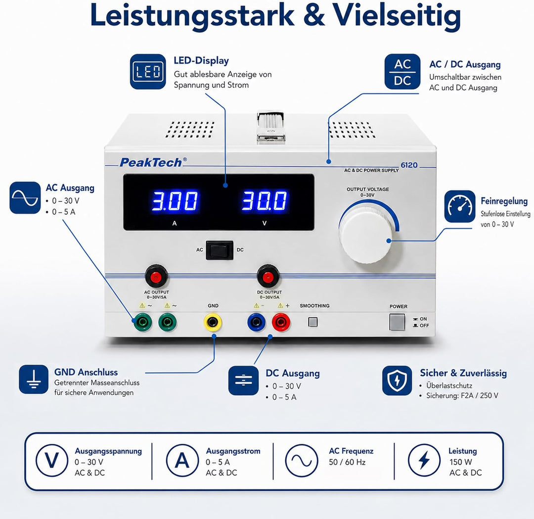 AC/DC stabilisiertes Labornetzgerät 0-30 V/5 A