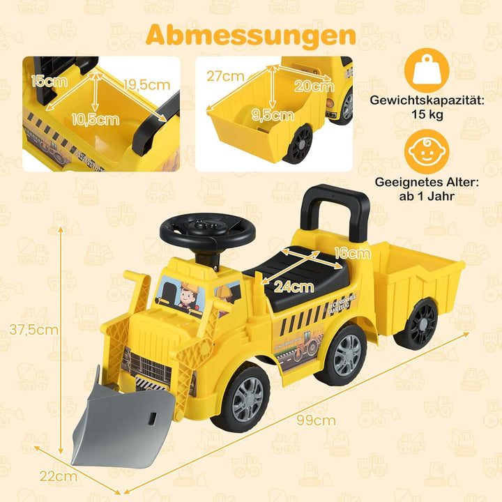 COSTWAY Sitzbagger mit Schaufel &amp; abnehmbarem Anhänger, Kinderbagger mit Stauraum unter dem Sitz, Hu