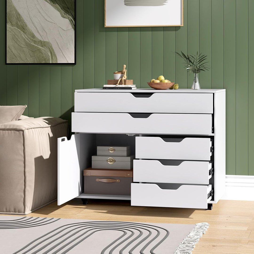 COSTWAY Rollcontainer mit 5 Schubladen Weiss, mobiler Aktenschrank mit Rollen &amp; Tür, Schubladenschra