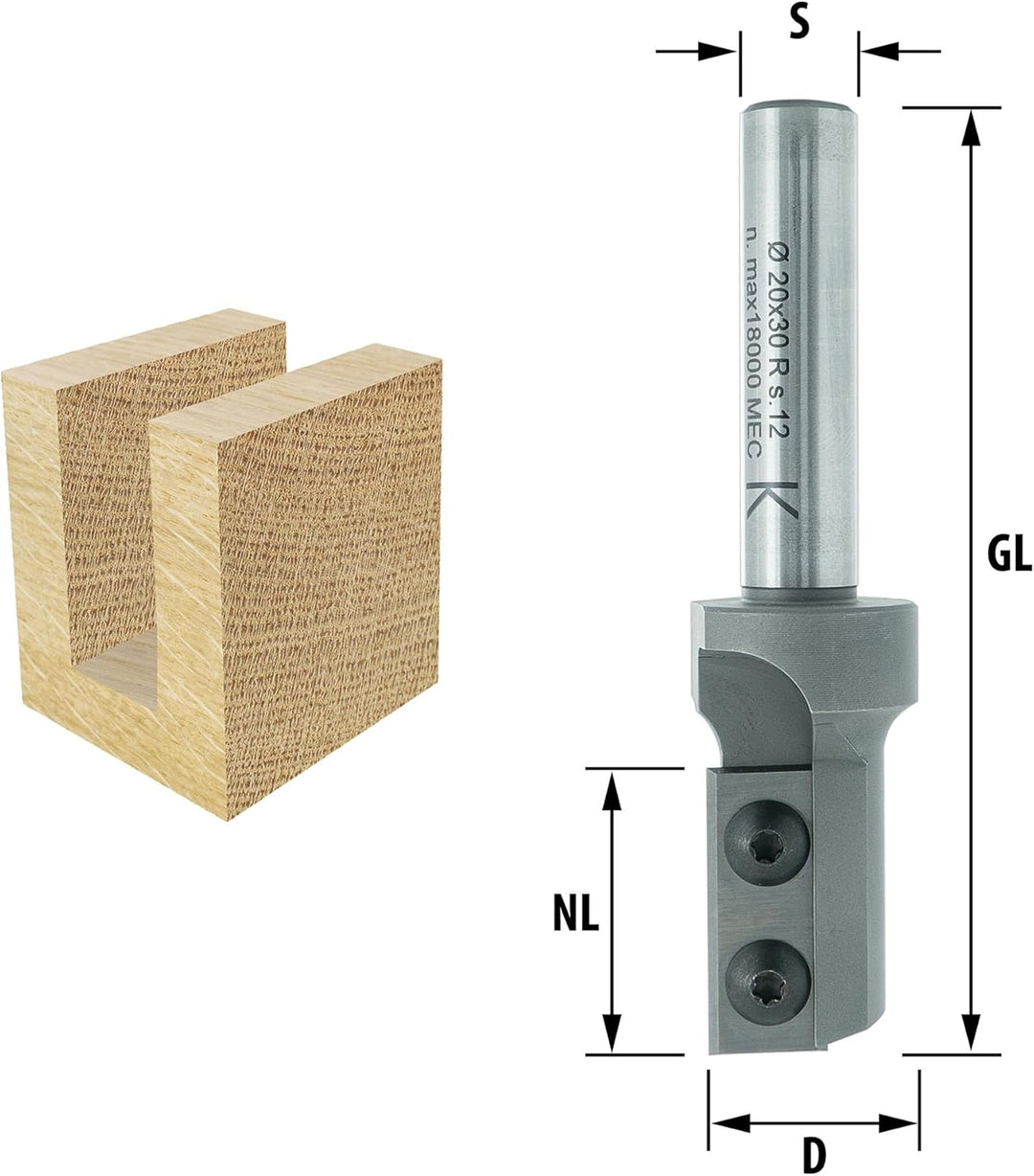 ENT 20182 Wendeplatten Nutfräser HW, Schaft (S) 12 mm, Durchmesser (D) 20 mm, NL 30 mm, Z1+1, GL 82