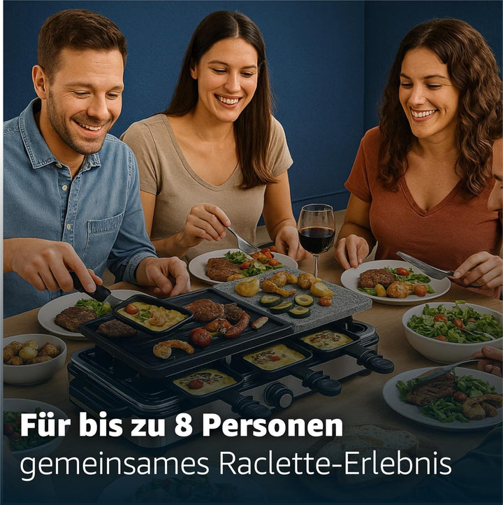 Raclette 8 Personen Set - Mit Tischgrill &amp; Grillplatte &amp; Steinplatte Funktion - inkl. Pfännchen &amp; Sc