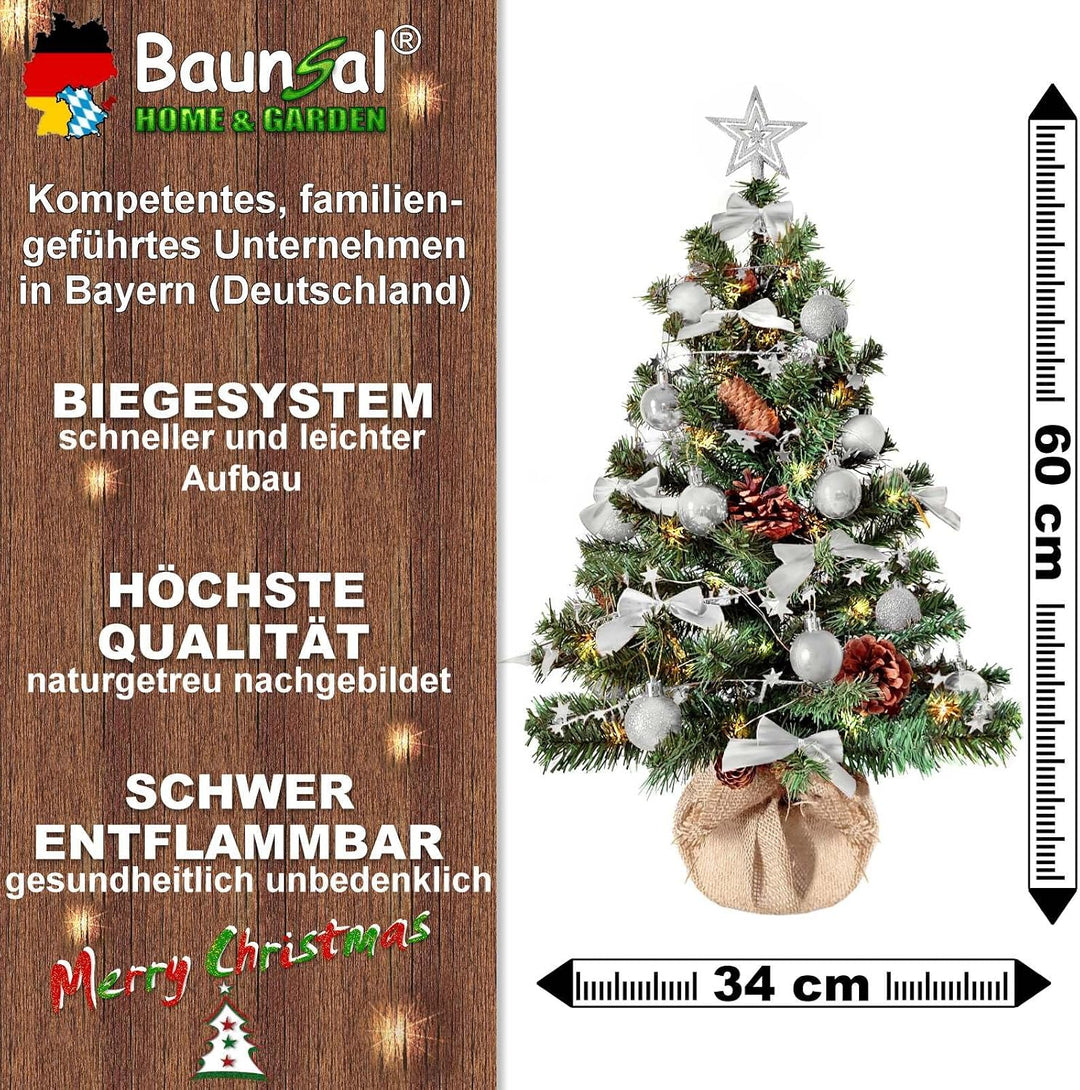 Weihnachtsbaum künstlich (WBD) 60 cm grün mit Weihnachtsdeko Silber und Led Lichterkette mit Batteri