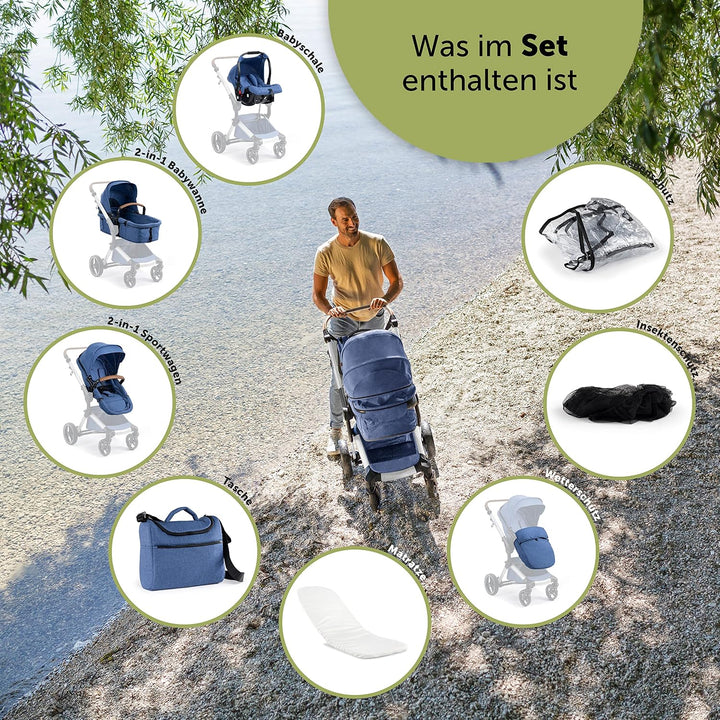 Bergsteiger Kinderwagen Lugo 3in1 | Kombikinderwagen Komplettset inkl. Zubehör - Babyschale, Buggy-A