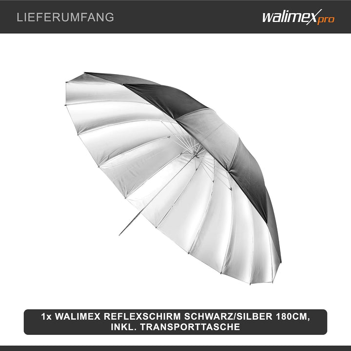 Walimex Pro Reflexschirm schwarz/silber, Durchmesser 180 cm 180 cm Single, 180 cm Single