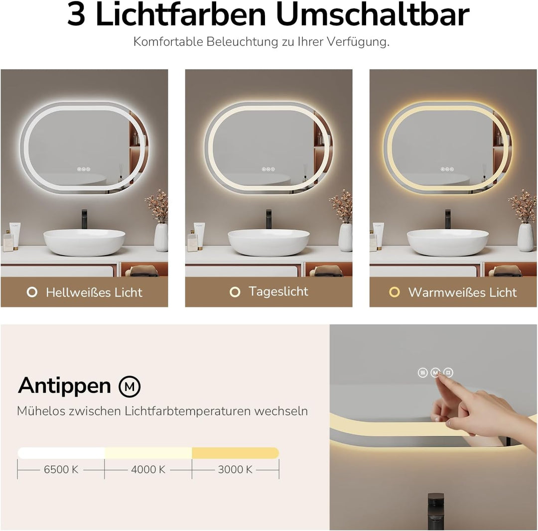 EMKE Badspiegel mit Beleuchtung oval 60x80cm, Ovaler Spiegel mit 3 Lichtfarben Dimmbar, Antibeschlag