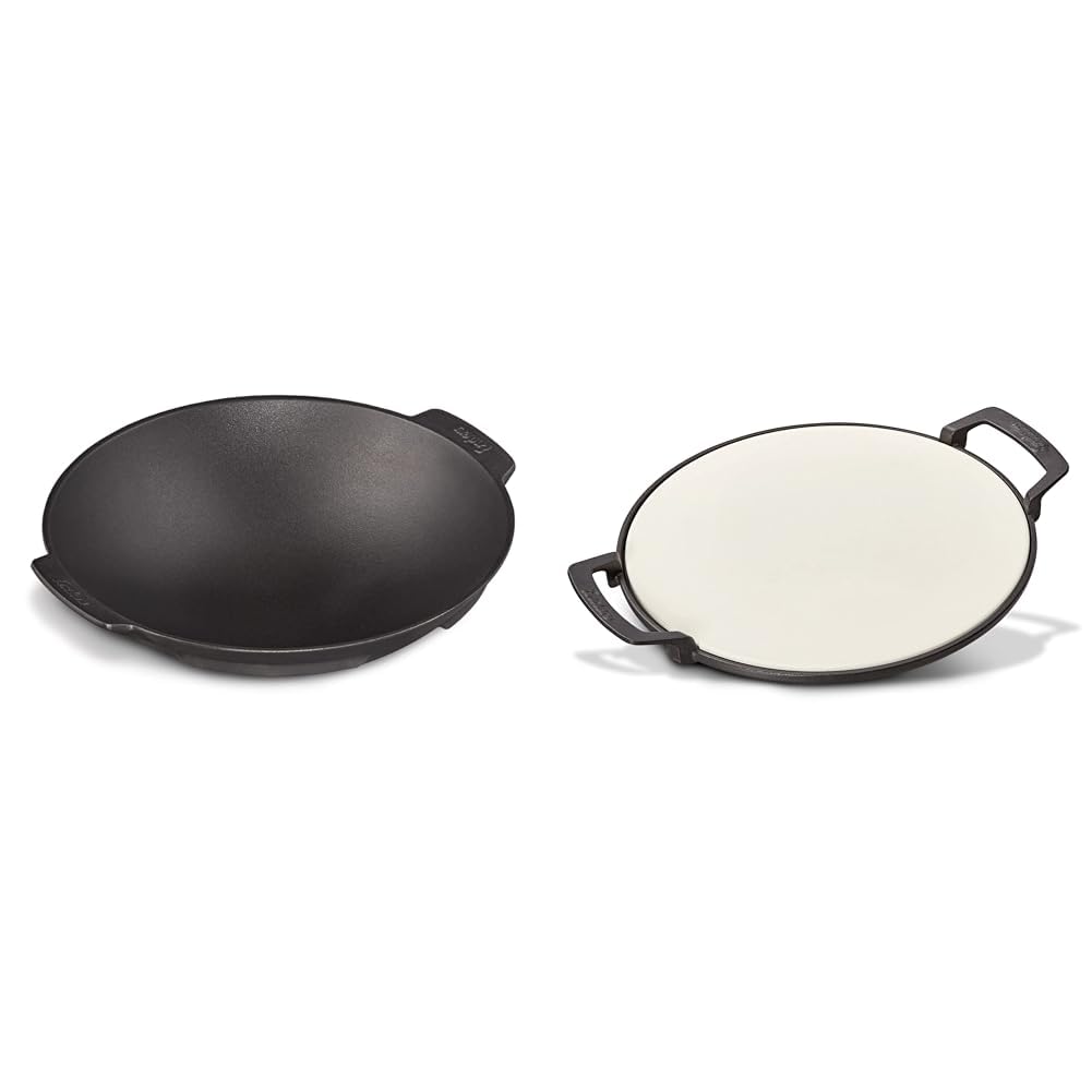Enders Switch Grid Wok schwarz, aus massiv, emailliertem Gusseisen &amp; SWITCH GRID Pizzastein, Halter