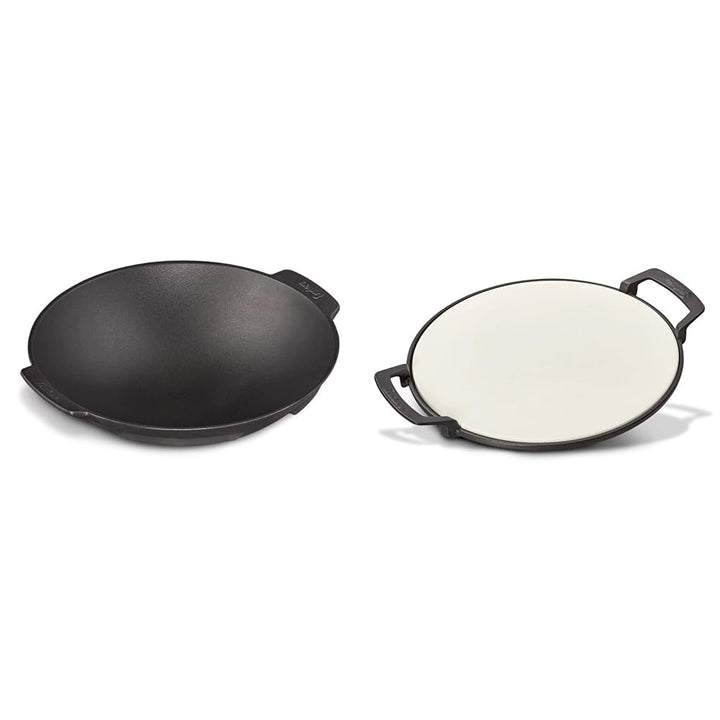 Enders Switch Grid Wok schwarz, aus massiv, emailliertem Gusseisen &amp; SWITCH GRID Pizzastein, Halter