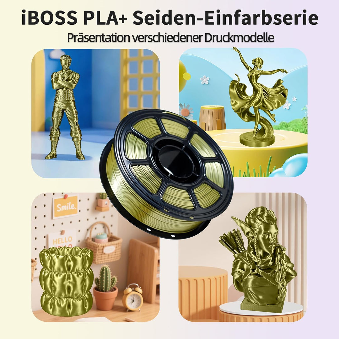 iBOSS PLA 3D-Druckerfilament, PLA+ Filament 1,75 mm, Seide olivgold, Genauigkeit +/-0,02 mm, PLA PLU