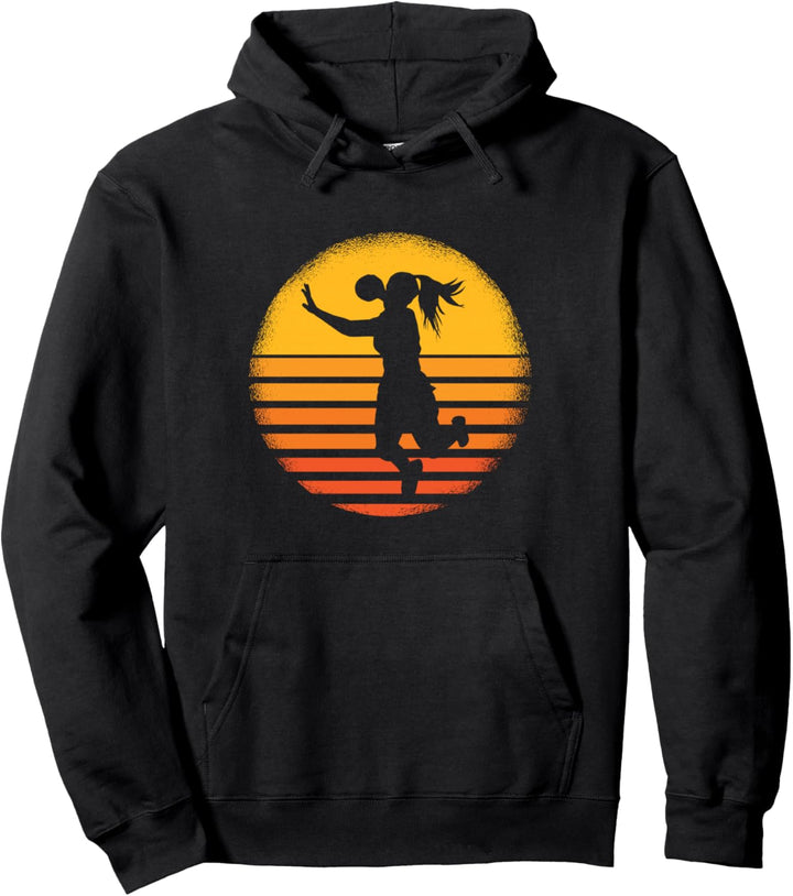 Handball Motiv Handballerin mit Sonnenuntergang Hintergrund Pullover Hoodie