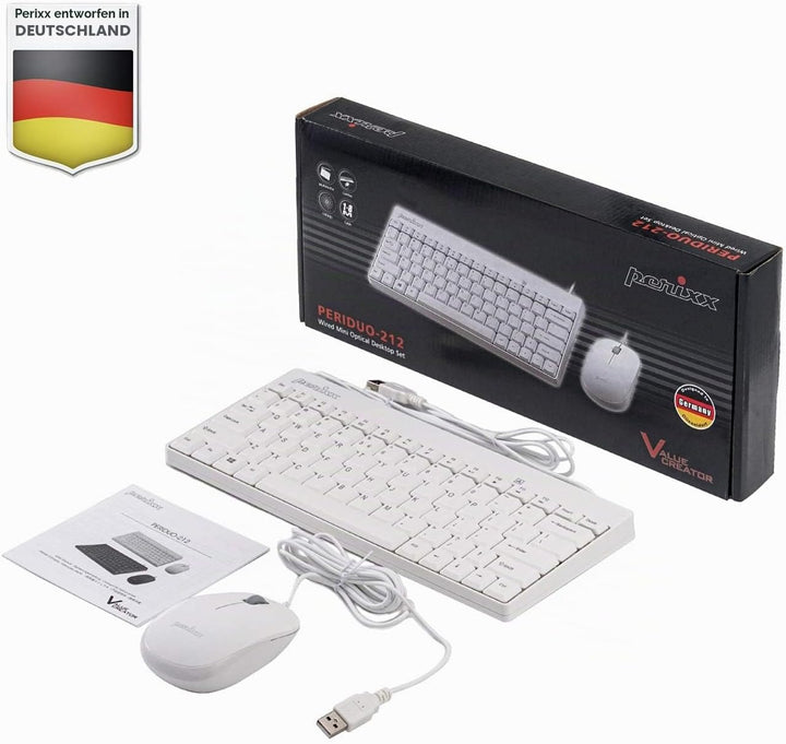 Perixx PERIDUO-212 Kompaktes Mini Tastatur und Maus Set, USB-Kabel, Deutsches Layout, Weiss