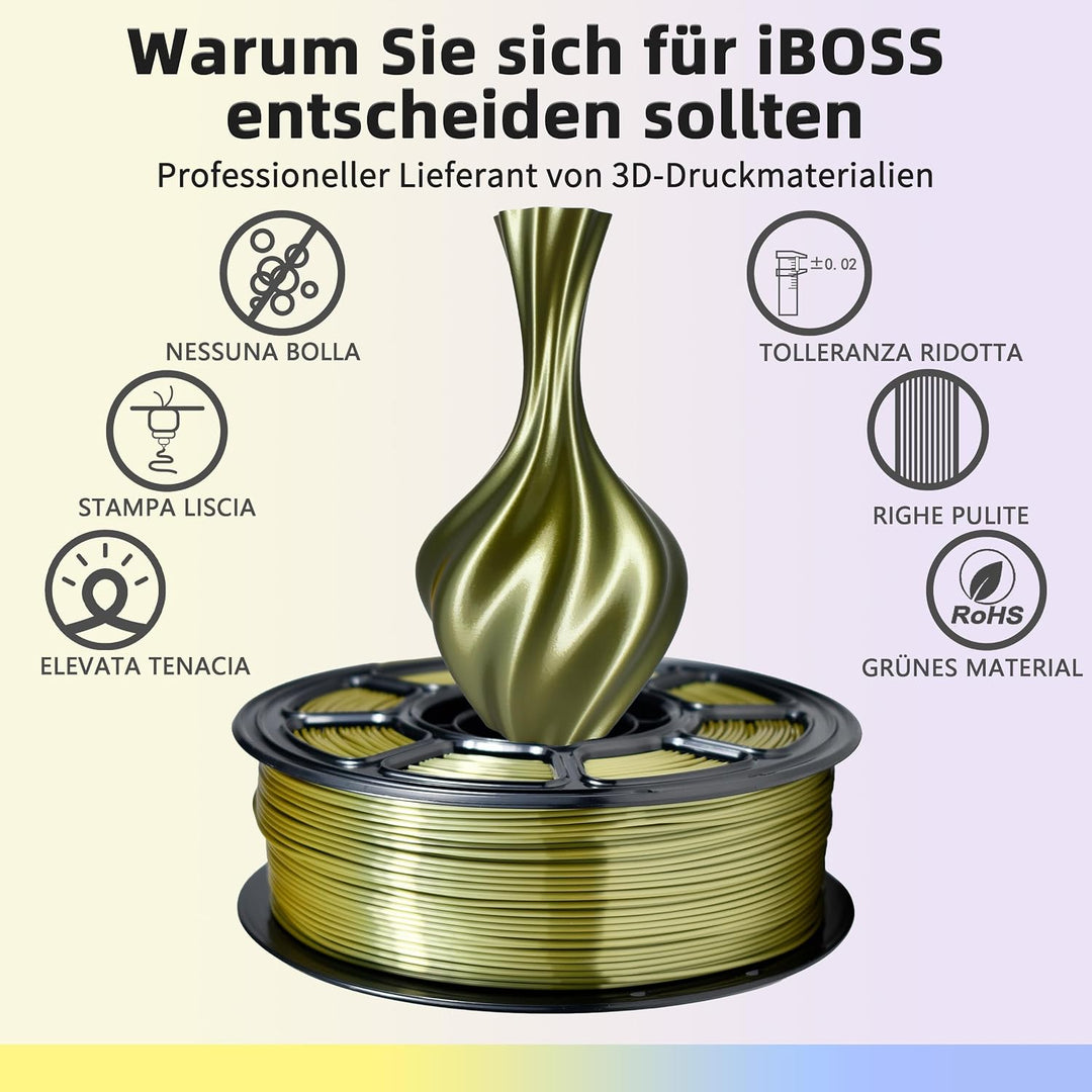 iBOSS PLA 3D-Druckerfilament, PLA+ Filament 1,75 mm, Seide olivgold, Genauigkeit +/-0,02 mm, PLA PLU