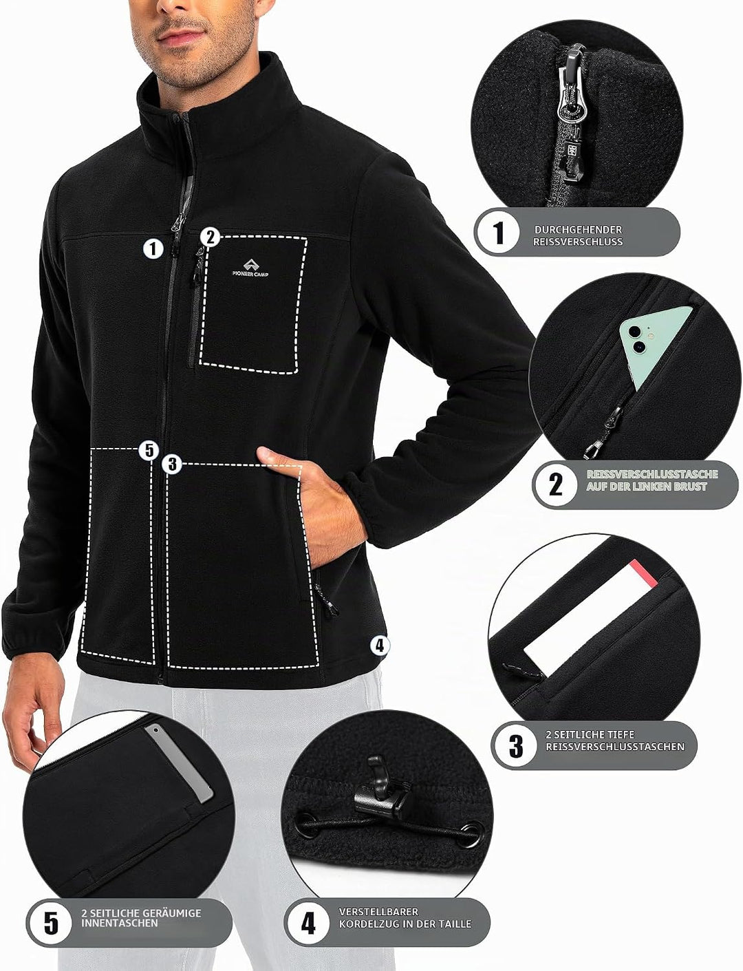 Pioneer Camp Herren Fleecejacke Full Zip Outdoor Polar Leicht Winddicht Jacke mit Reissverschluss S