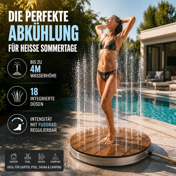 poolomio® Bodendusche Outdoor Ø 74 cm | Premium Gartendusche aus WPC mit 18 Wasserfontänen &amp; bis 4 m