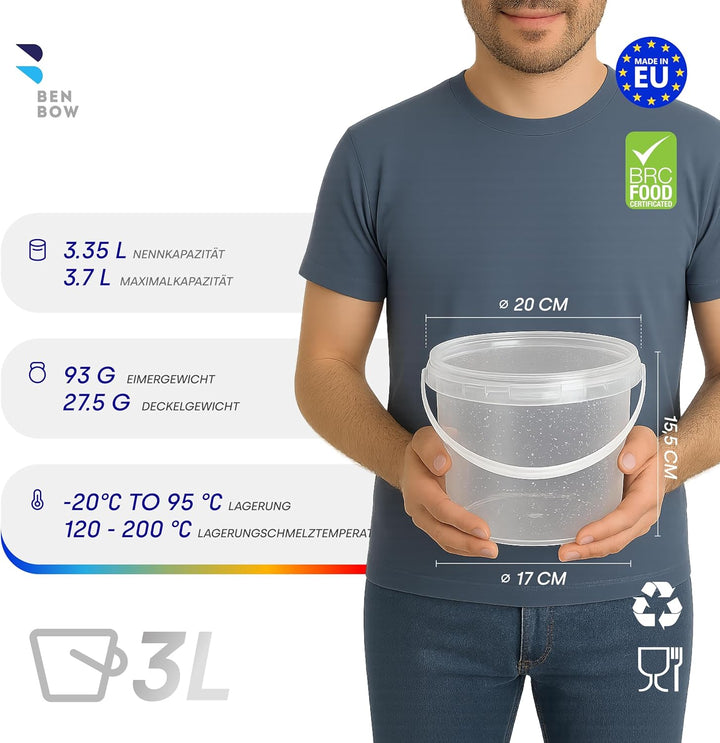 BenBow Eimer mit Deckel 3l transparent 100x 3 Liter - lebensmittelecht, stabil, luftdicht - Plastike