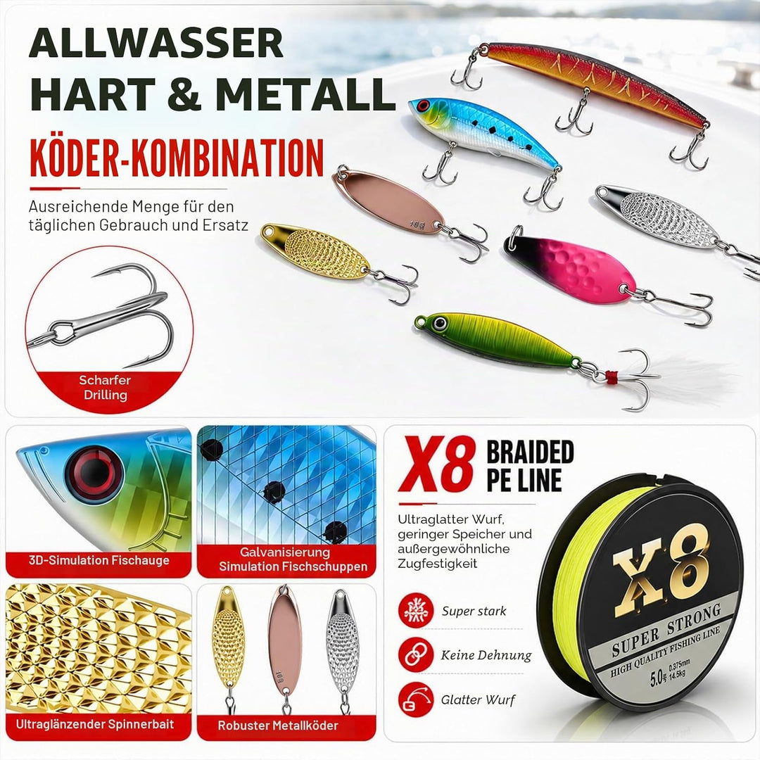 680 Stück Angelzubehör Set, Gemischt Angelköder Kit mit Köder Haken Angelzange Angelwaage für Zander